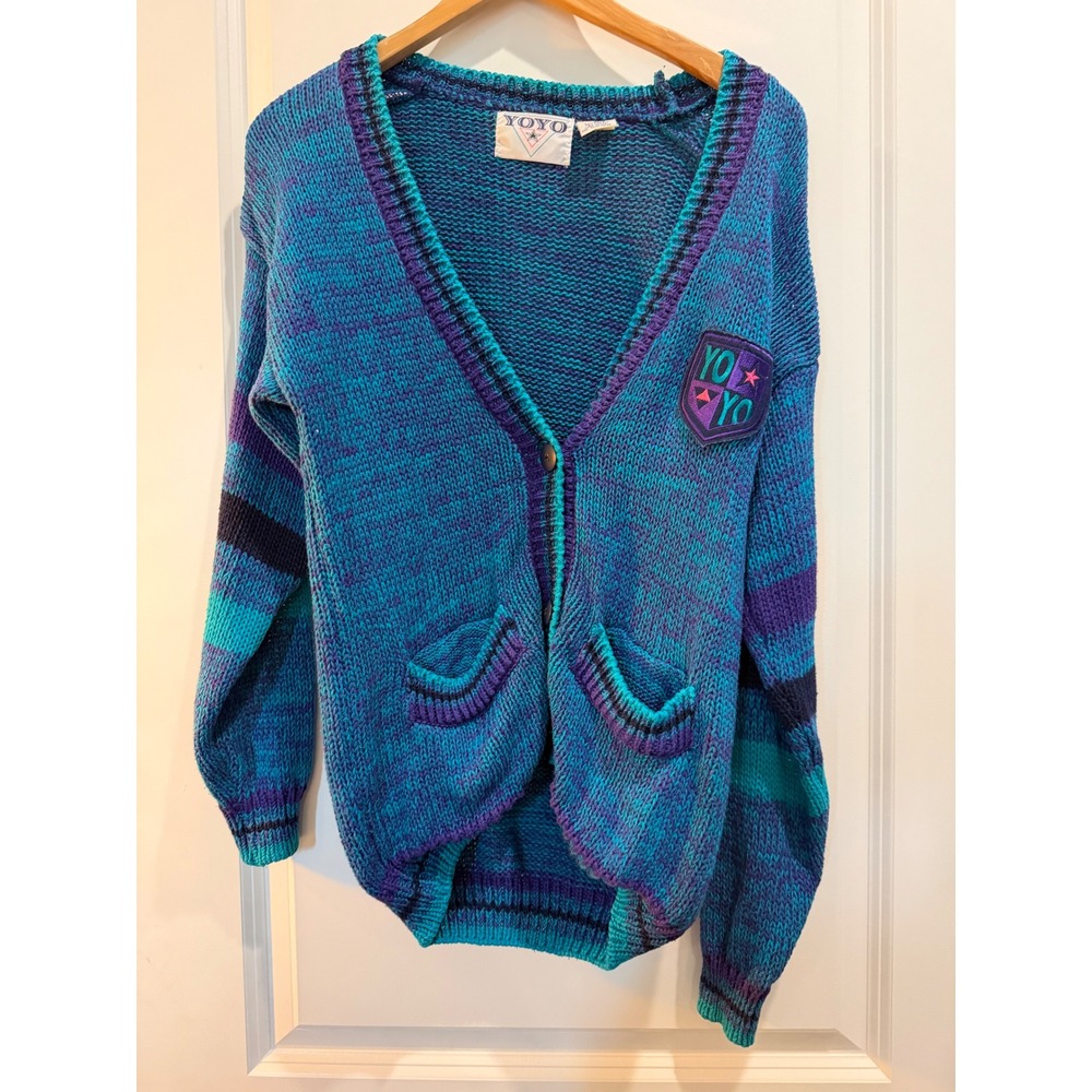 Vintage YOYO Blue Purple Teal Knit Cardigan Sweater Size Small 90s Retro Patch